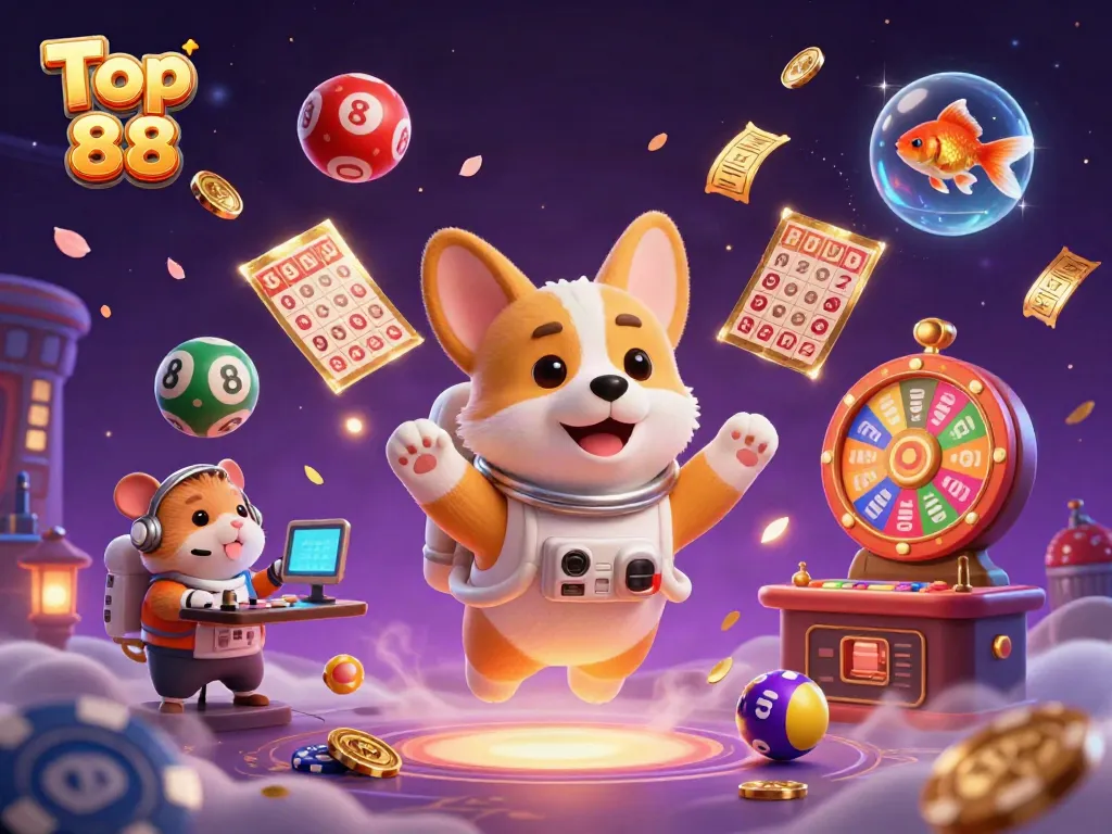 Join the fun at Top 88 with a 3D astronaut corgi in a vibrant casino scene filled with engaging games.