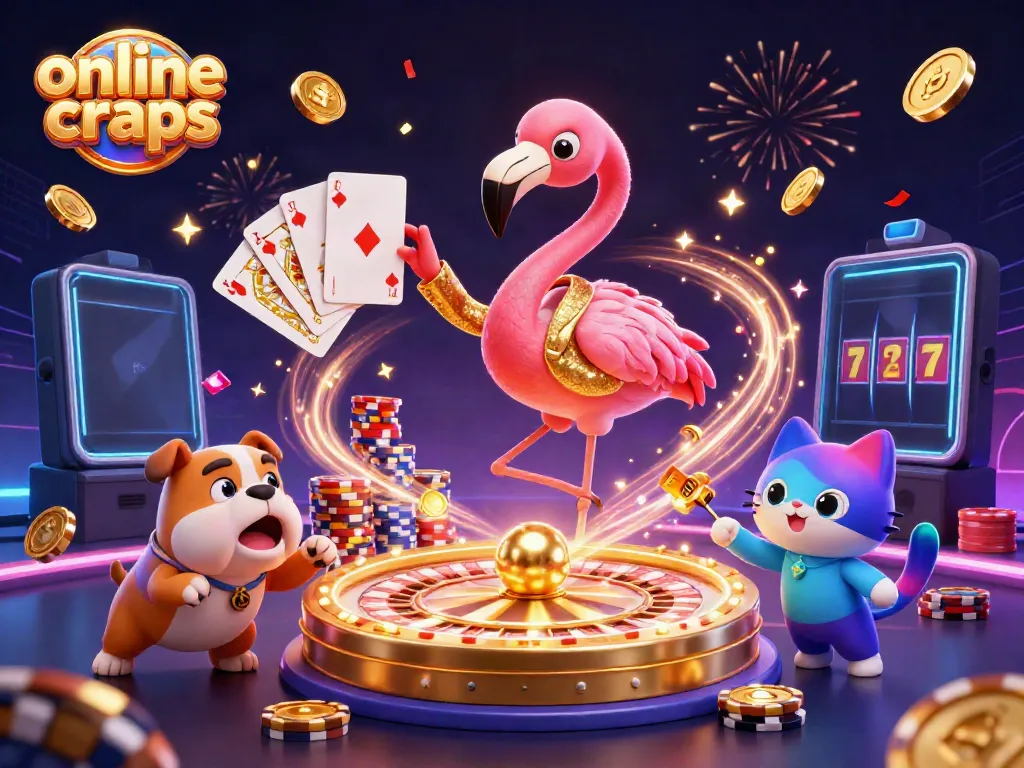 Enjoy thrilling online craps action with animated characters in a vibrant casino setting.