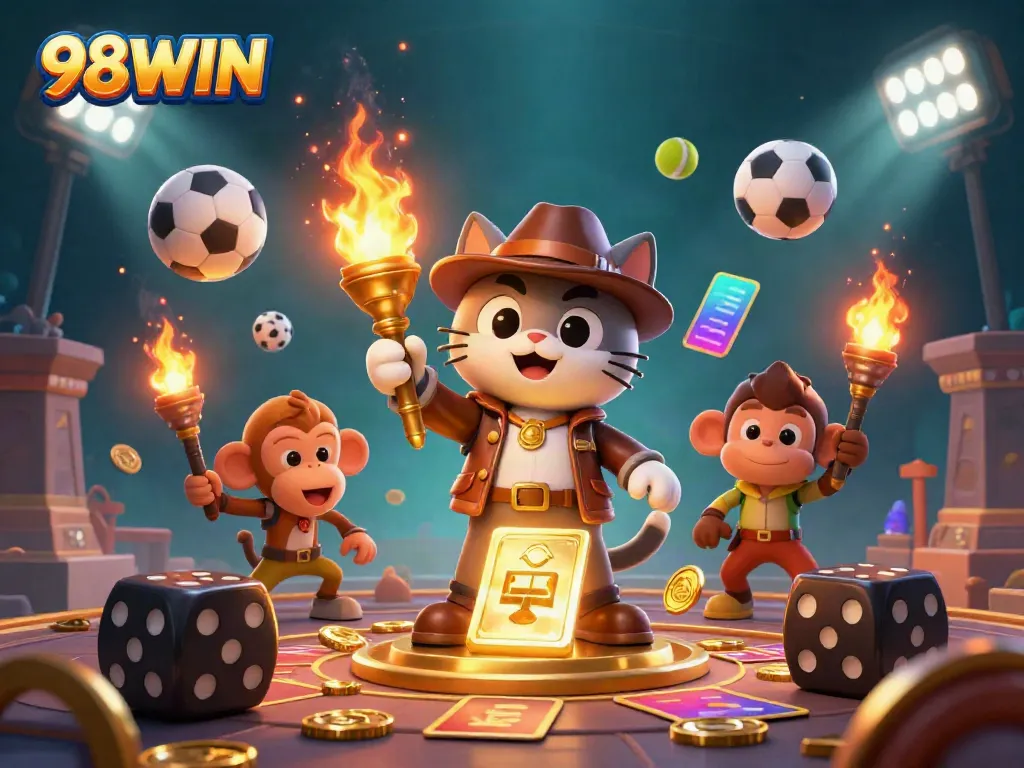 Engaging scene with the 98WIN cat explorer discovering casino artifacts amidst sports elements.