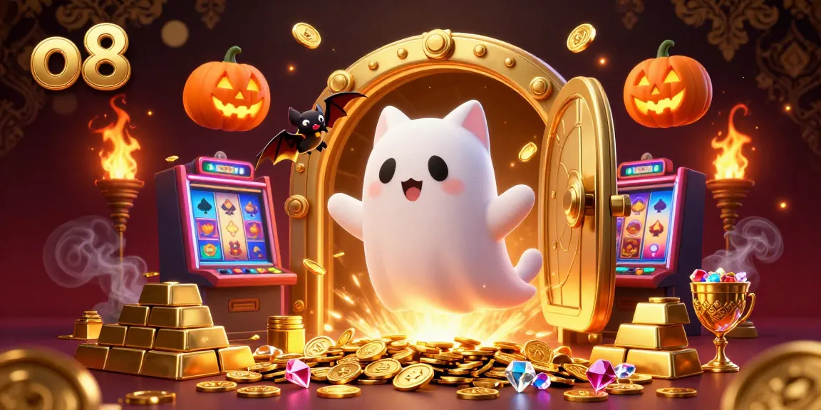 Experience thrilling gameplay at O8 as the ghost cat navigates through vibrant online casino treasures.