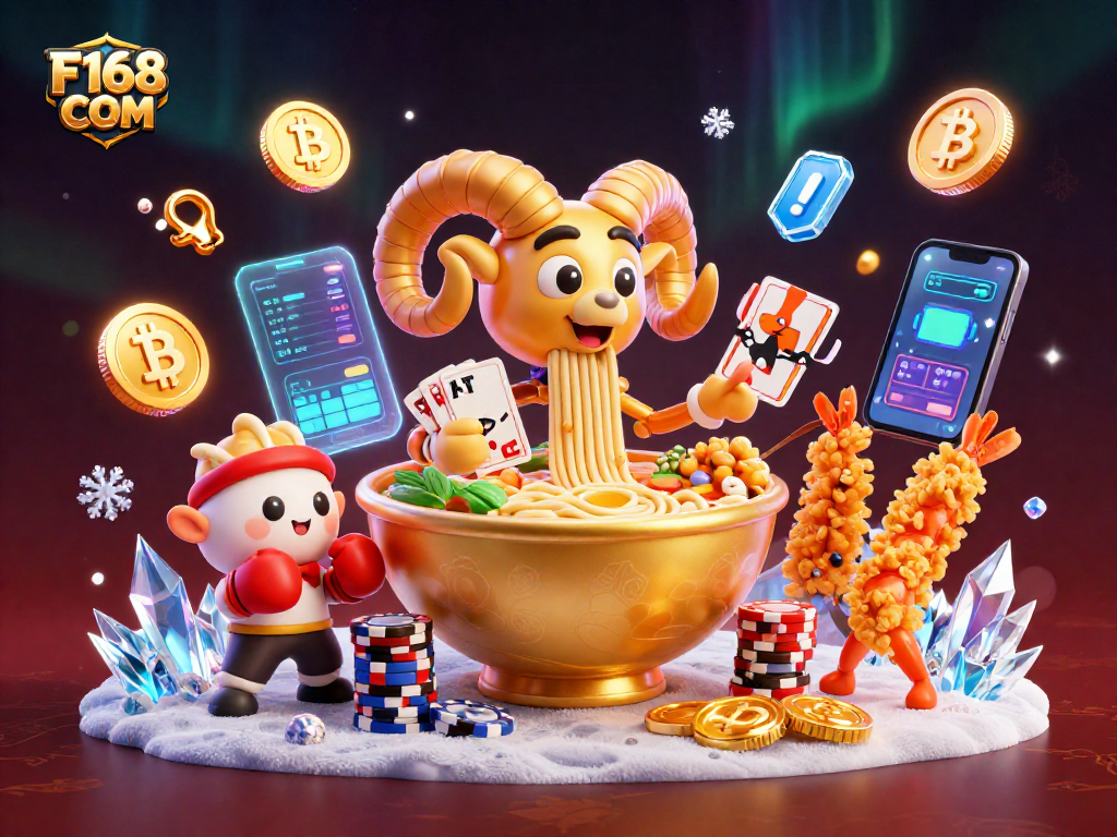 Join the excitement on F168 COM, featuring a vibrant casino scene with a golden ramen dealer and crypto coins!