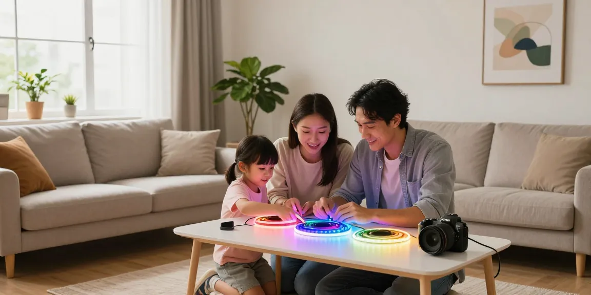 Aplica LED instalată într-un living modern, arătând cum familia îmbunătățește atmosfera cu benzi LED.