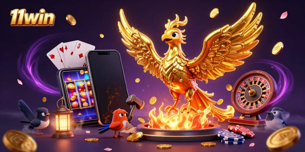 Experience the thrill of 11win with a dynamic casino scene featuring a golden phoenix and immersive game elements.