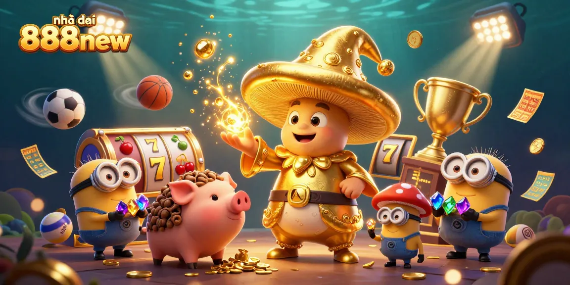Experience Nhà cái 888new's excitement with animated slot reels and a whimsical wizard illustration.