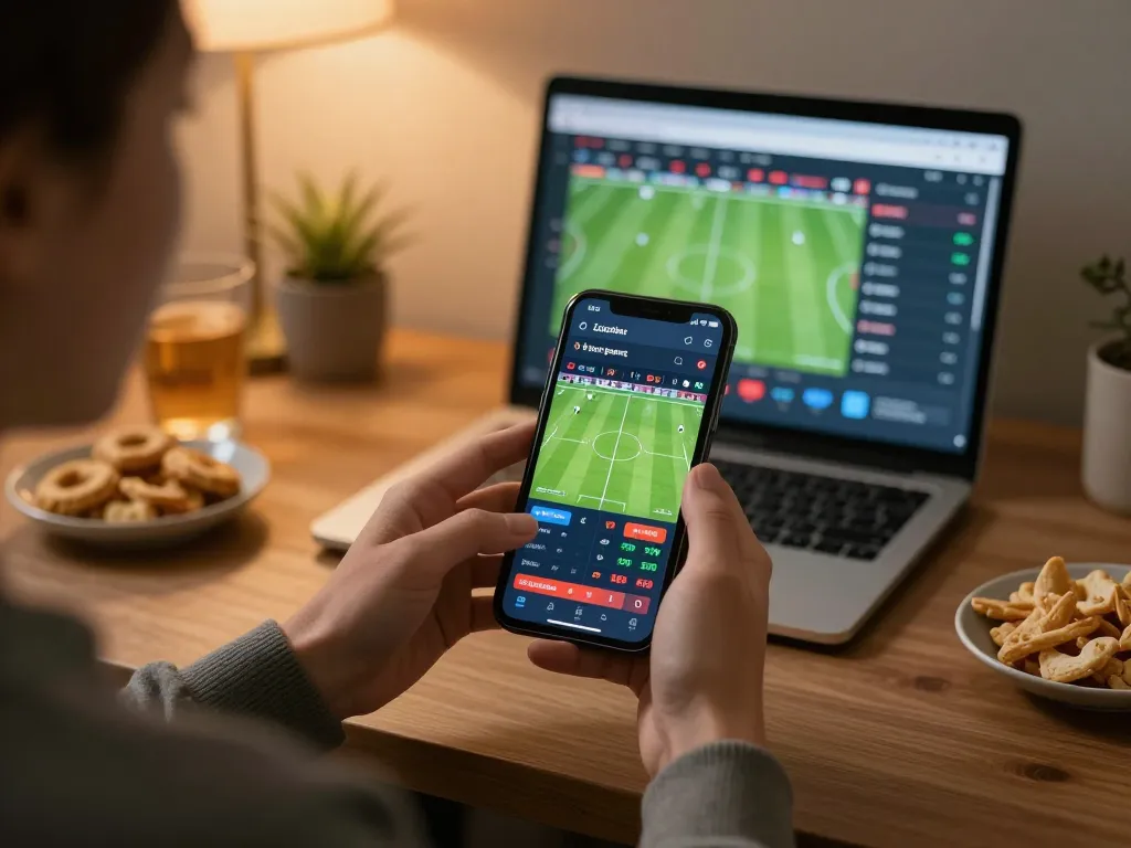 Engaging in loto188 sports betting on a smartphone during a live football match, home setting