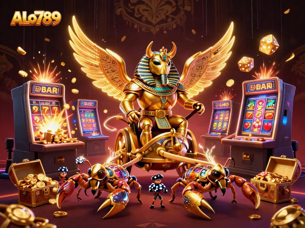 Experience the excitement of ALo789 with a dynamic 3D scene featuring a colossal golden scarab beetle and jackpot winnings in a vibrant casino.