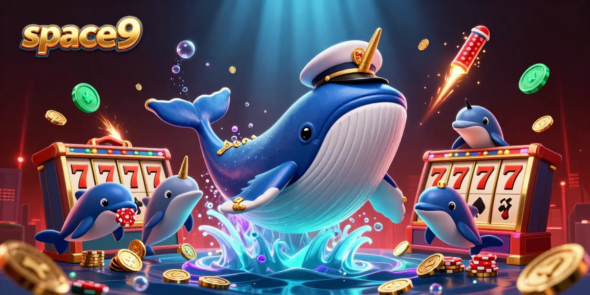 Experience thrilling gaming at space9 with an exciting ocean scene featuring a whimsical whale, narwhal, and dolphins.