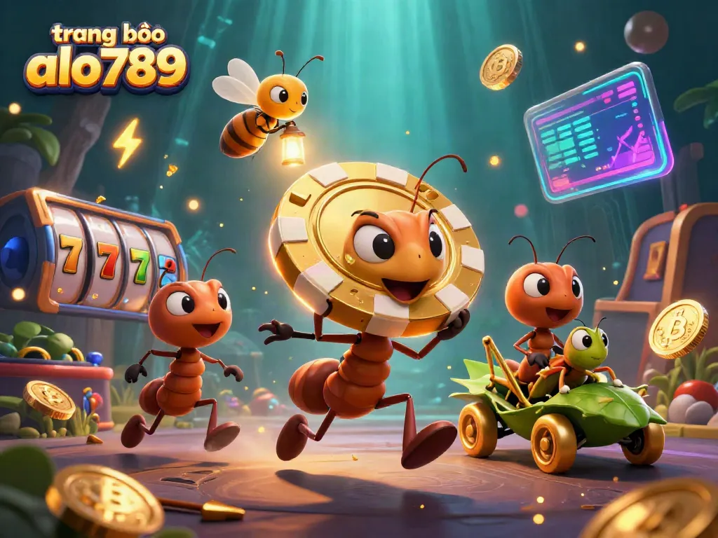 Engage with trang chủ alo789 showcasing ants heisting a golden poker chip in a vibrant casino scene.