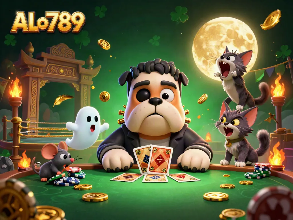 Experience thrilling action at ALo789 with a lively casino scene showing a bulldog dealer, a ghost mouse, and glowing effects.