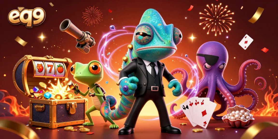 Experience thrilling casino action with eq9 as characters celebrate amidst vibrant gaming elements.