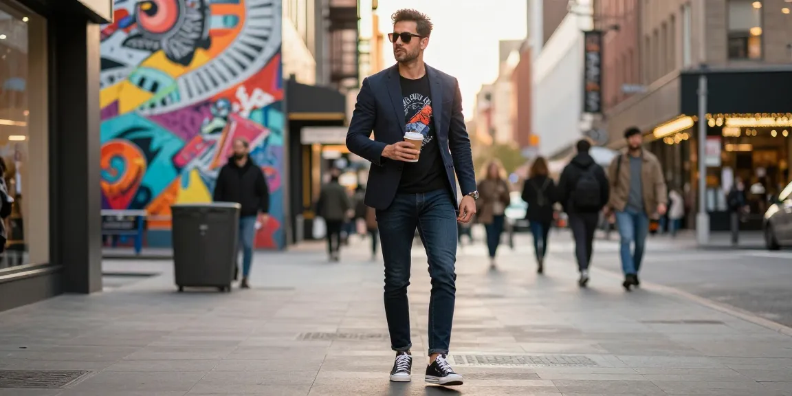 Man in trendy men's fashion outfit exploring vibrant city street with stylish confidence