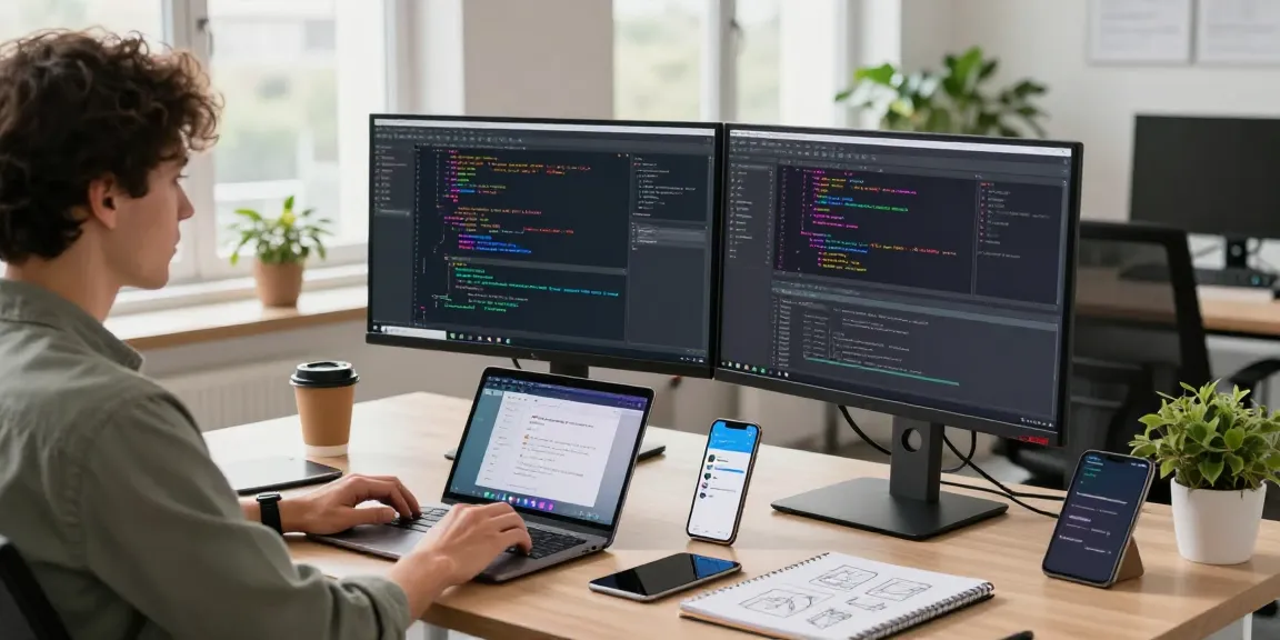 Engaging tech workspace with a software developer coding on dual monitors, reflecting the innovative environment of teiegramin.com.