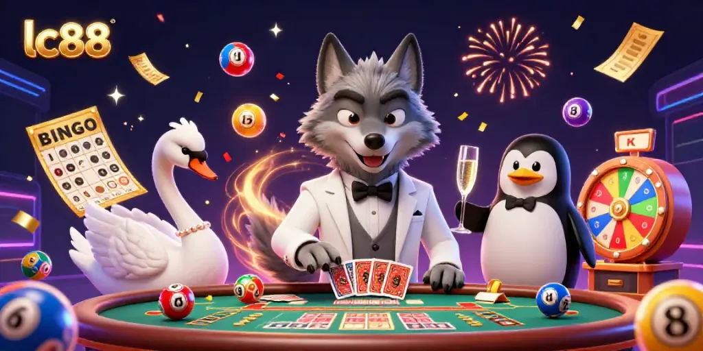 Engage with lc88's vibrant casino scene featuring a debonair wolf, elegant swan, and sophisticated penguin amid dynamic gaming elements.