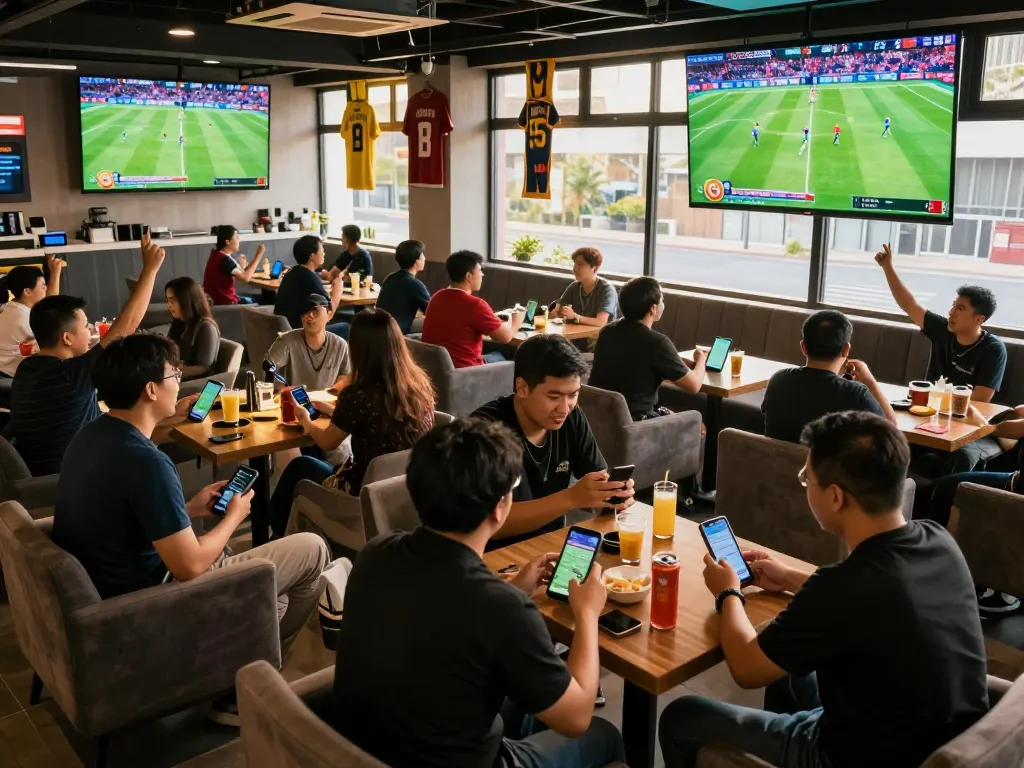 Fans engaging with keo nha cai 5 in lively sports betting lounge, with vibrant atmosphere.