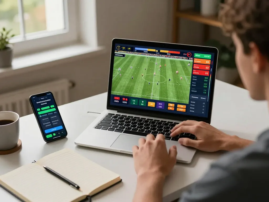 Engaging in online betting on keonhacai with a vibrant sports betting setup, showcasing live matches and betting app
