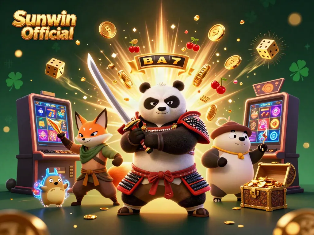 Win big with Sunwin Official in this vibrant 3D casino scene featuring samurai panda!