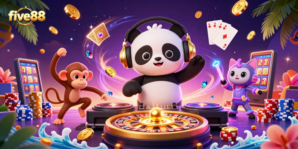 Experience the fun at five88 with a lively DJ panda, dancing monkey, and rave kitten in a vibrant casino scene.