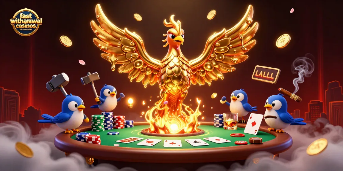 Win big at fast withdrawal casinos in Australia with 3D illustration of phoenix and poker elements.