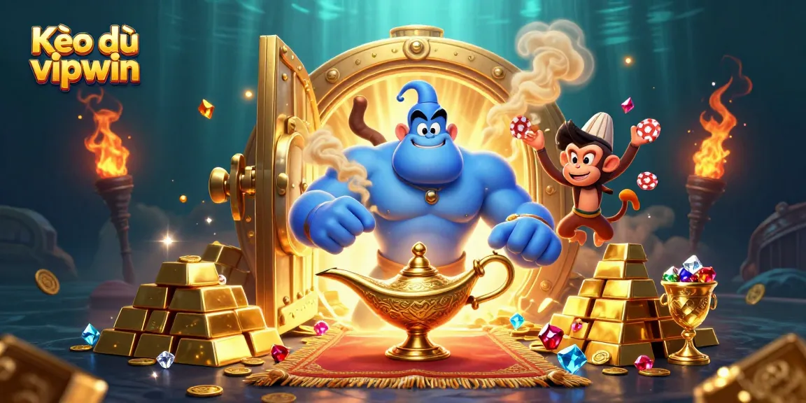 Experience Kèo dụ vipwin with a vivid scene of a genie and magical elements illustrating casino excitement.