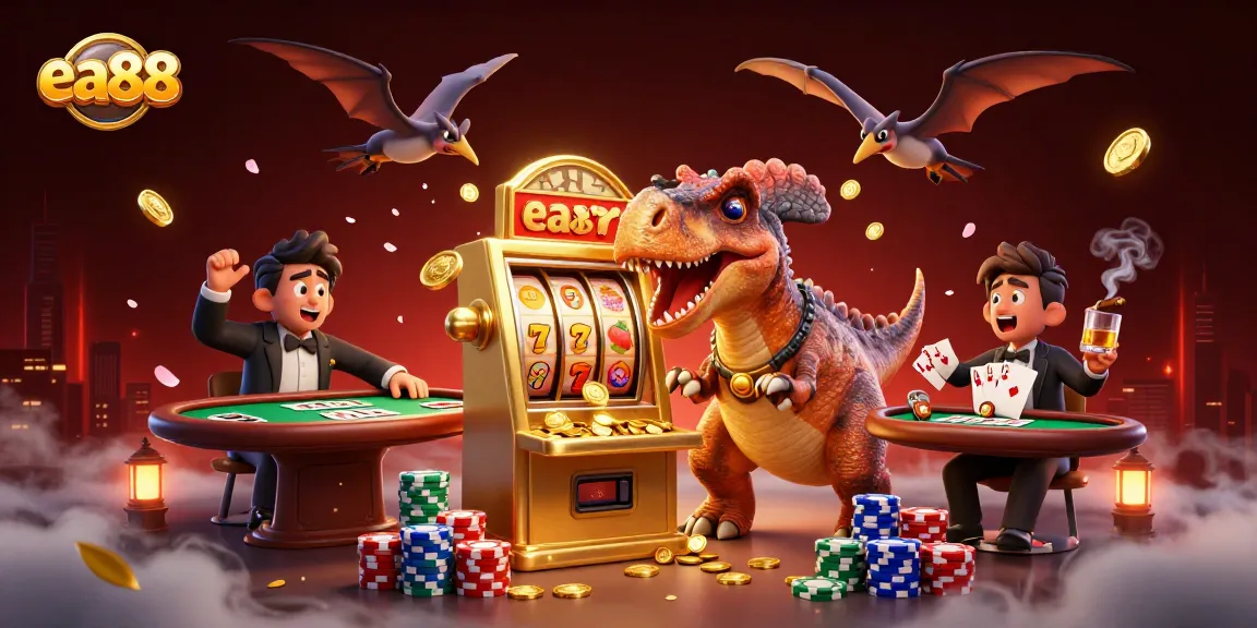 ea88 casino themed cartoon with a dinosaur at a slot machine, showcasing excitement and game elements.