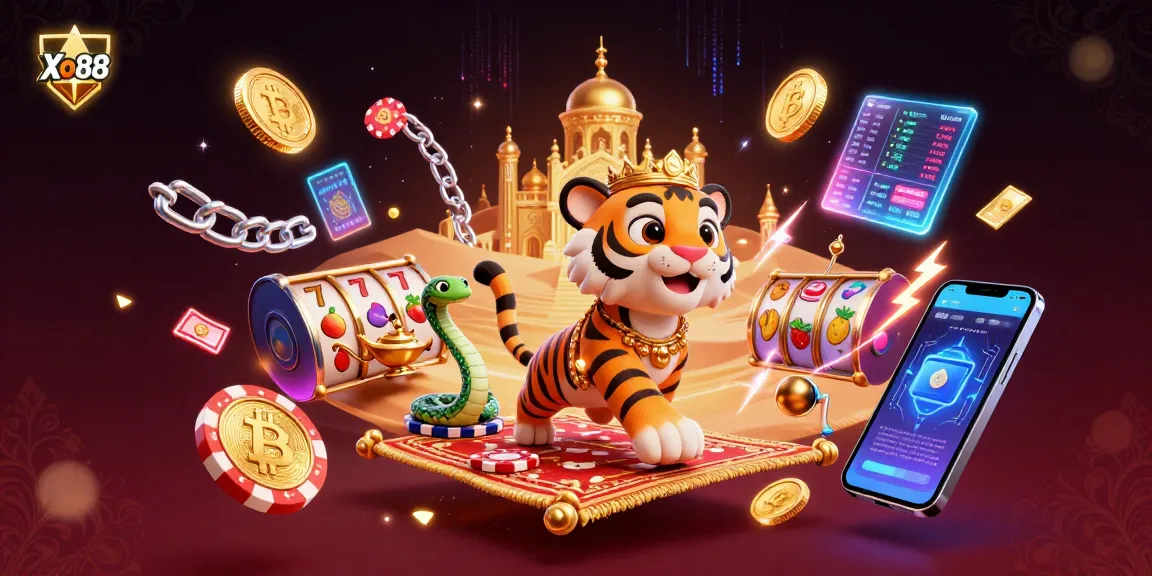 Xo88 elevates your game with a vibrant 3D illustration of a cartoon tiger sultan, crypto, and slot elements.