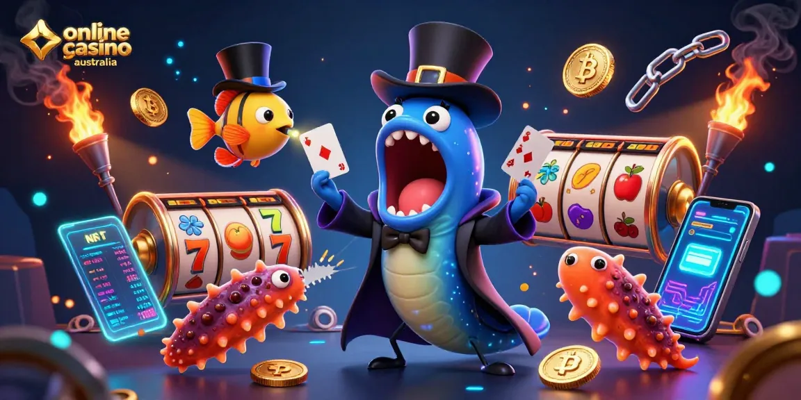 Experience the thrill of online casino australia with a vibrant 3D illustration featuring unique characters and casino elements.