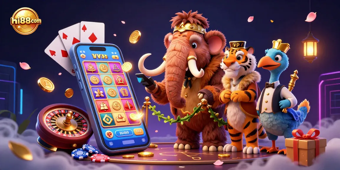 Experience the excitement at hi88com with vibrant casino elements, featuring a dynamic, colorful scene.