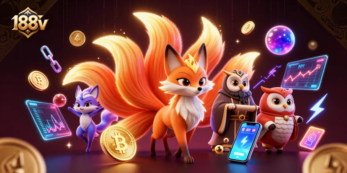 Experience the vibrant 188v casino scene with a glowing fox spirit and wise sage in a rich, colorful environment.