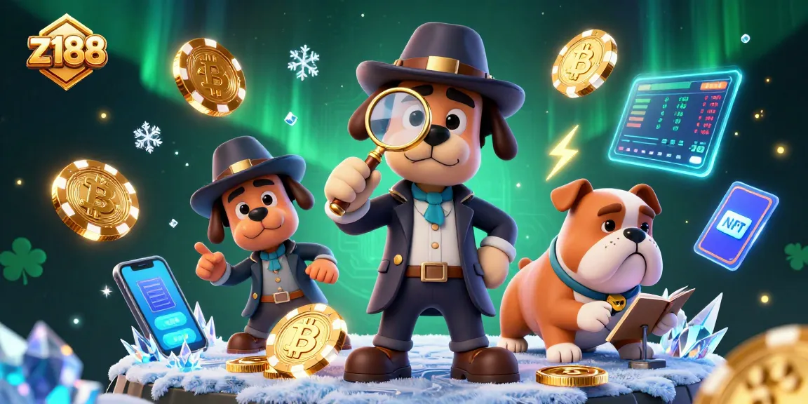 Play thrilling games at z188, with a detective and bulldog uncovering treasure clues in a vibrant casino scene.
