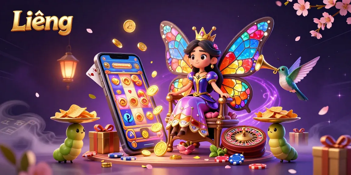 Play Liêng with vibrant 3D characters in a rich illustration showcasing exciting casino elements.