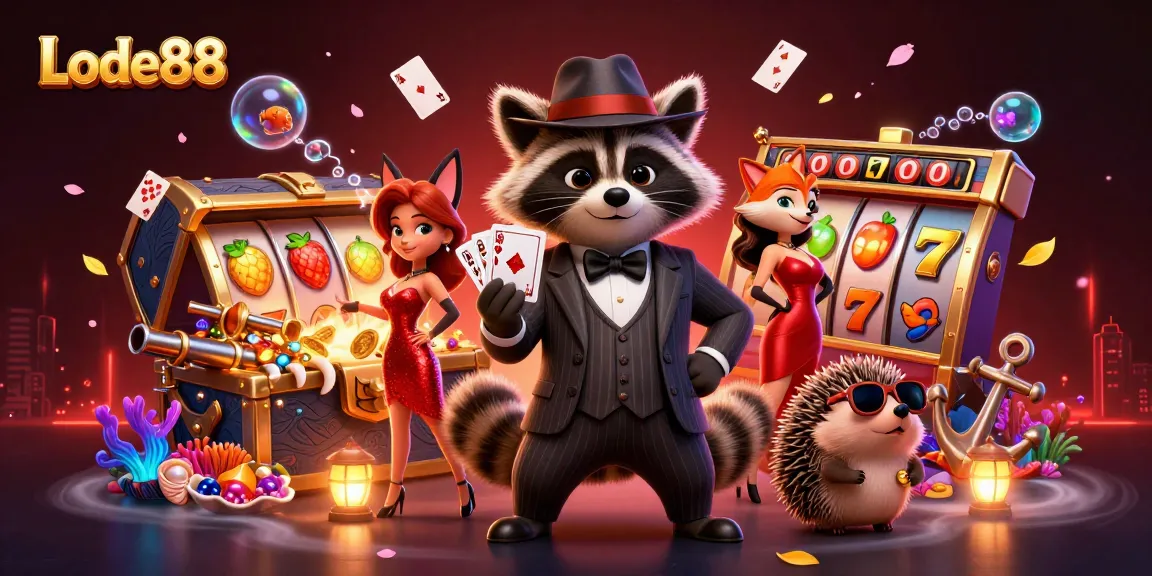 Lode88 features a raccoon with a royal flush, fox companion, and lively slot elements.