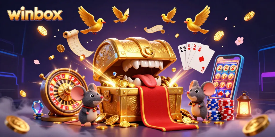 Spin the winbox with golden rewards and playful characters in an immersive casino scene.