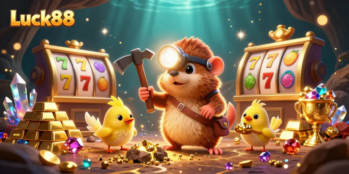 Spin the Luck88 slot reels with a treasure hunter mole amidst gems and gold.