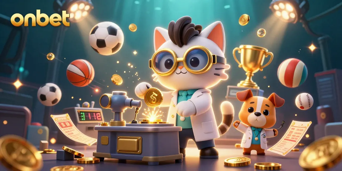 Experience thrilling gaming with onbet as the mad scientist cat and dog create gold coins amidst sports excitement.
