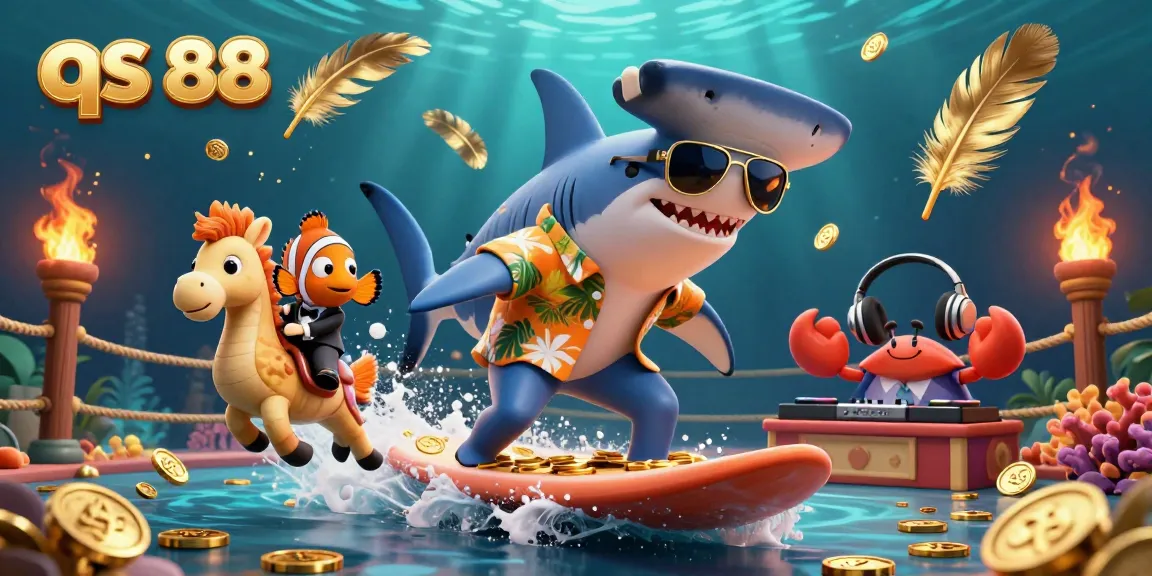 Experience thrilling games at qs 88 with vibrant visuals of unique aquatic characters and slot elements.