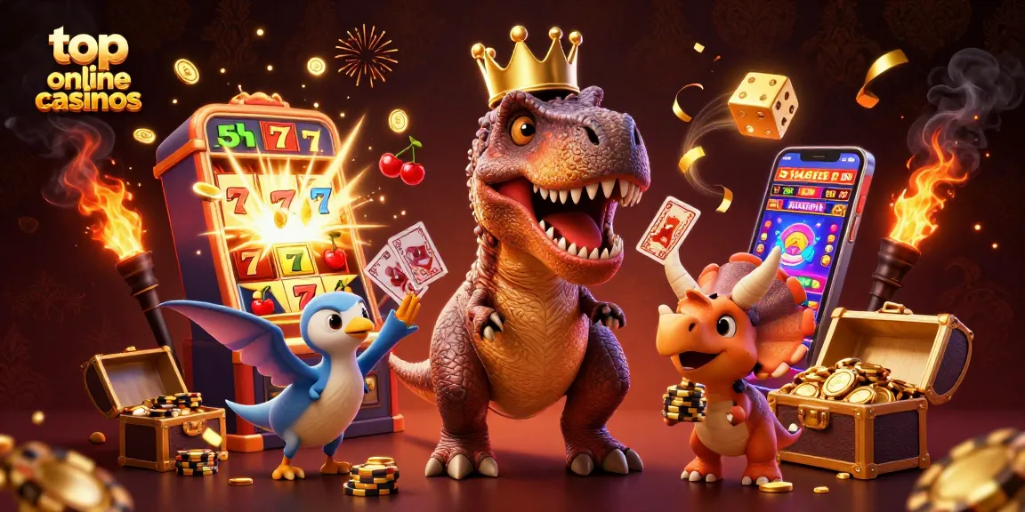 Experience the excitement of top online casinos with a whimsical T-Rex dealer and vibrant gaming elements.