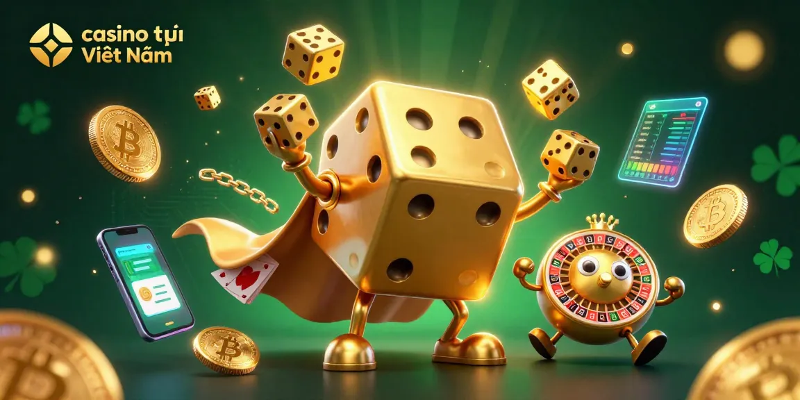 Engaging scene depicting casino trực tuyến Việt Nam, showcasing a lively 3D illustration of a golden dice golem and crypto coins.