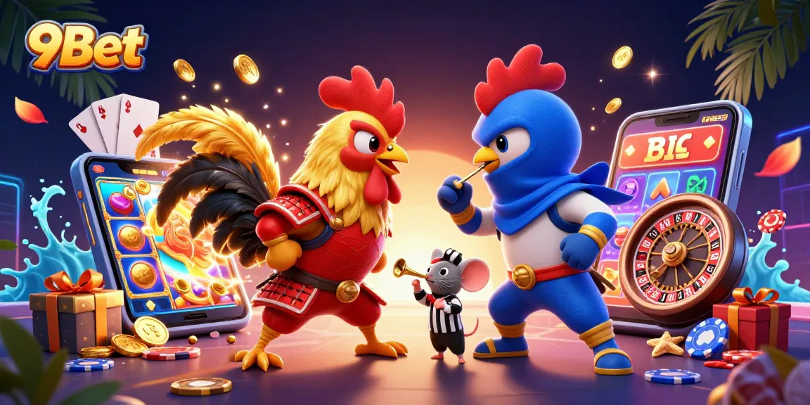 Engage with the thrilling showdown at 9Bet with cartoon roosters in a vibrant casino backdrop