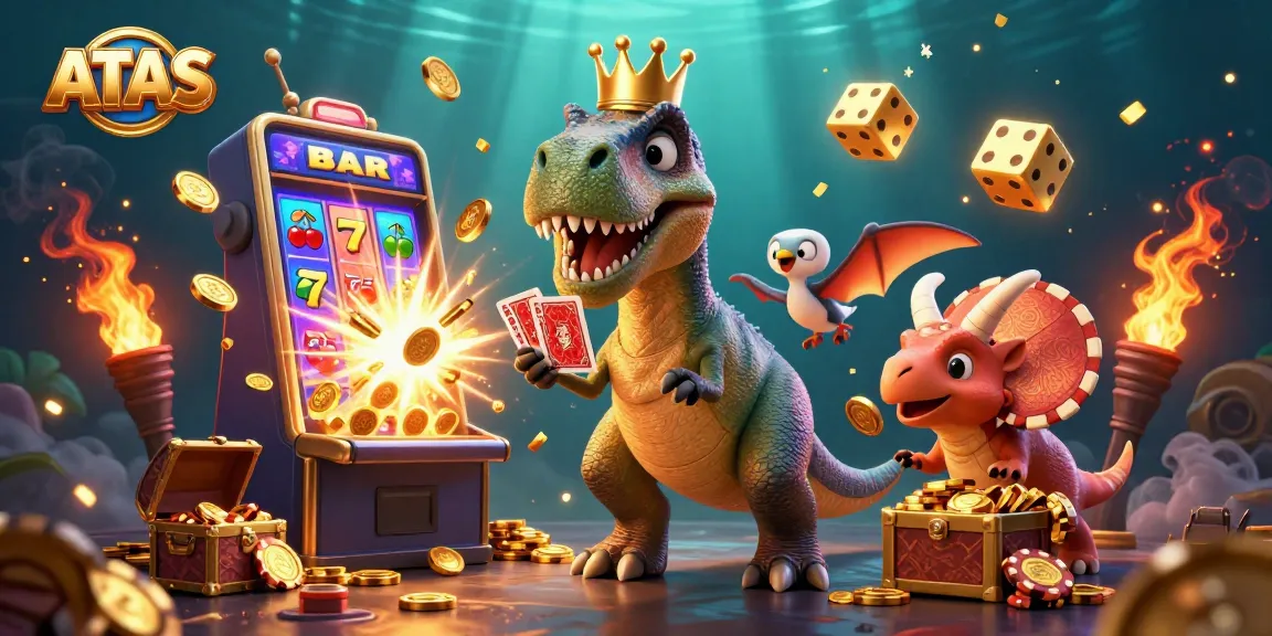 ATAS creates excitement as a friendly T-Rex and friends celebrate casino wins with golden coins and jackpot symbols.