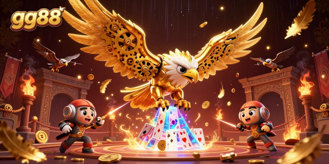 Dive into thrilling action with the gg88 cybernetic eagle soaring amid holographic cards in a vibrant casino scene.