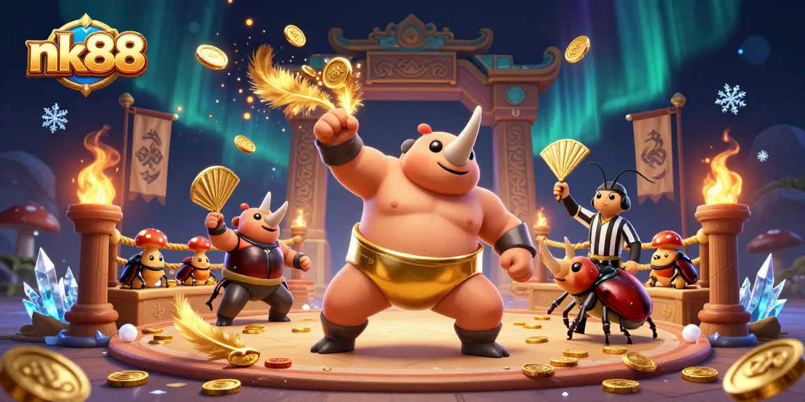 Experience nk88 excitement with a thrilling 3D scene featuring a beetle champion and gold coins flying