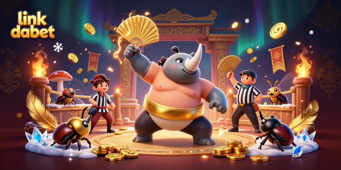 Experience thrilling gameplay with link dabet in a vibrant, animated casino scene featuring a sumo beetle champion.