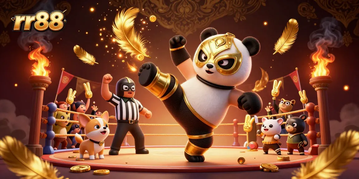 Experience the thrill of rr88 with our engaging illustration of a panda wrestler and chihuahua referee in action.