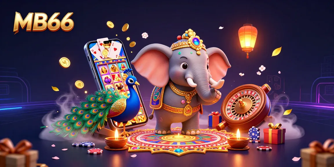 Experience the vibrant world of MB66 with a colorful 3D casino illustration featuring a lively elephant and casino elements.