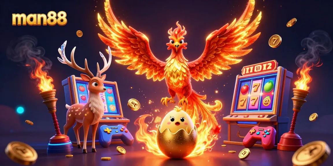 Engage with man88's thrilling world of slots featuring a phoenix and mystical stag.