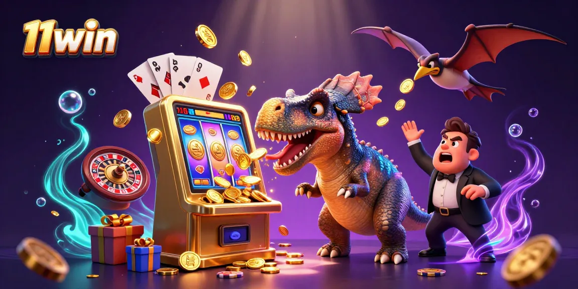 11win jackpot celebration illustrated with dinosaurs and a slot machine, showcasing casino excitement.