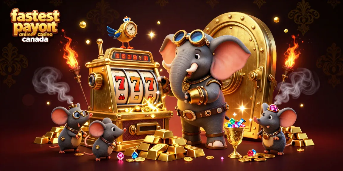 Engaging scene of the fastest payout online casino canada with a steampunk elephant operating a slot machine among treasures.