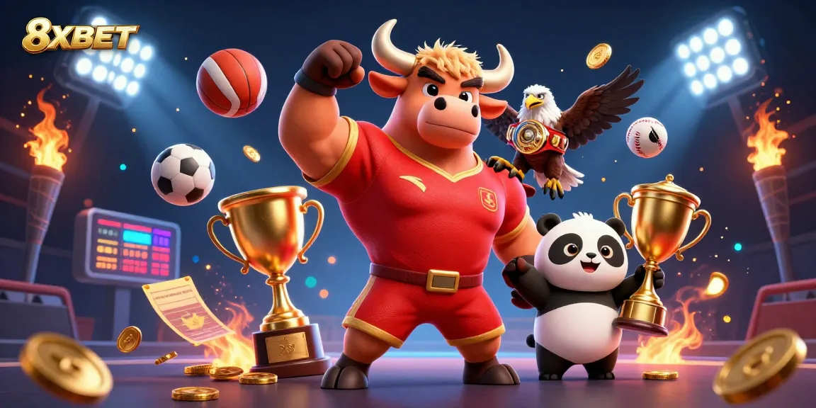 8XBET engages players in a thrilling victory scene with mascots celebrating sports and winnings.