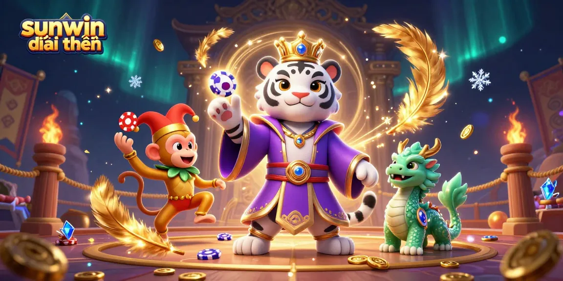 Play our exciting games now at sunwin đổi thưởng, illustrated with a tiger, monkey, and dragon in a vibrant casino scene.