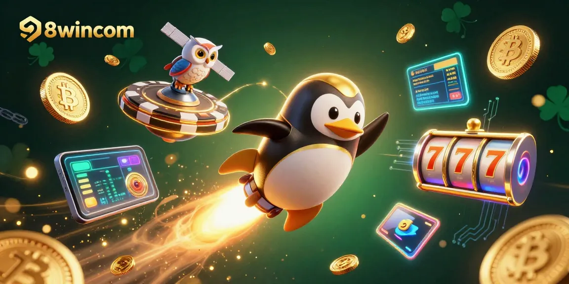 Experience the thrill of 98wincom with a vibrant 3D illustration of a penguin flying to a casino.